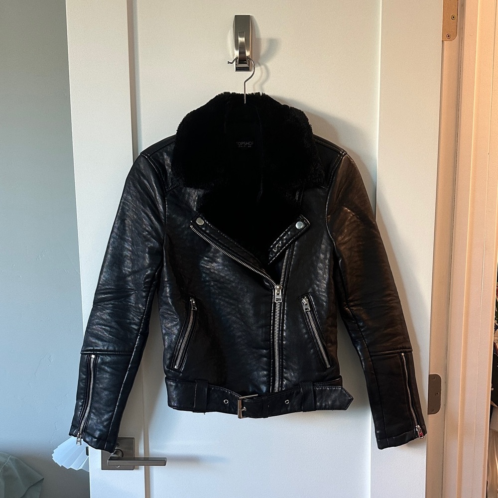 Topshop Black Leather Jacket with Fur Collar